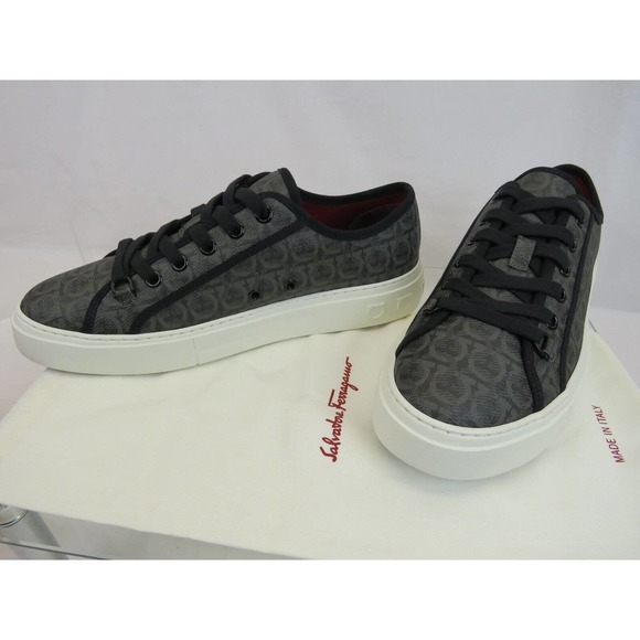 NIB FERRAGAMO ANSON GRAY COATED CANVAS GANCINI LOGO PRINT BLACK SNEAKERS 11.5 main image 6